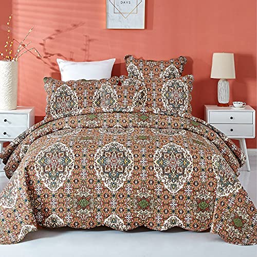  DaDa Bedding Earthy Cross Motif Folk Bedspread - Cozy Arabian Moroccan Ogee Rustic Antique Style Quilted Coverlet Set - Scalloped Edges Warm Tones Burnt Orange Brown Olive Green - Cal King - 3-Pieces