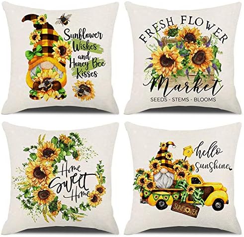  KACOPOL Sunflower Pillow Covers Set Of 4 18x18 Rustic Flower Market Farmhouse Truck Sunflower Bee Gnomes Home Eocr Throw Pillow Case Cushion Cover Spring Summer Decorations (Yellow-Hello Sunshine)