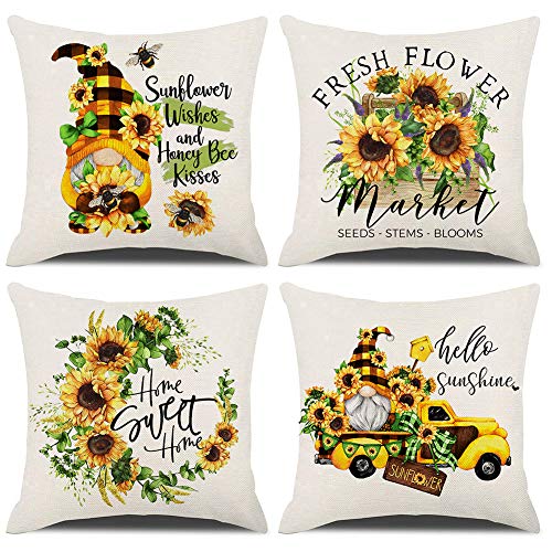  KACOPOL Sunflower Pillow Covers Set Of 4 18x18 Rustic Flower Market Farmhouse Truck Sunflower Bee Gnomes Home Eocr Throw Pillow Case Cushion Cover Spring Summer Decorations (Yellow-Hello Sunshine)