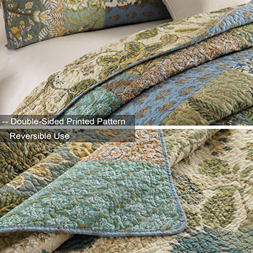  MaiuFun Cotton Bedspread Quilt Sets Queen/Full Size, Reversible Bohemian Floral Patchwork With Real Stitched Plaid Patterns, 3-Piece Bedding Coverlet For All Season (1 Quilt + 2 Pillow Shams)