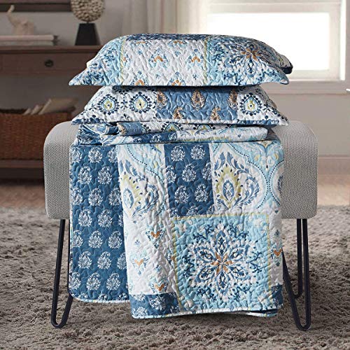  Royal Tradition Bellflower Blue Reversible Coverlets, Full/Queen Over-Sized 3pc Quilt Set (92-Inch Wide X 96-Inch Long) Lightweight Bedspread
