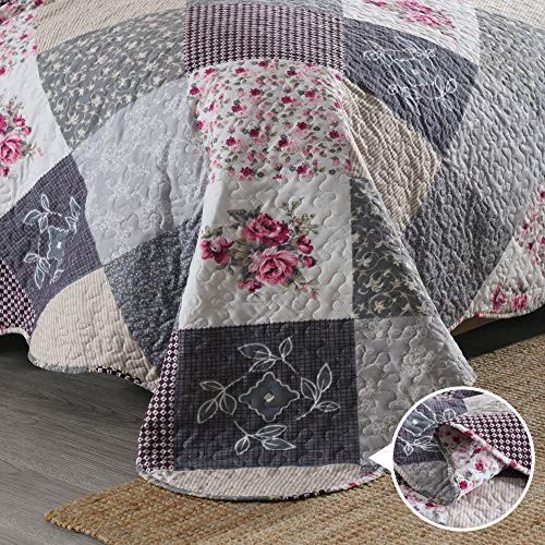  ENJOHOS Quilts Queen Size Queen Quilt Set Grey Quilt Bedspread Reversible Patchwork Floral Coverlet Set, Lightweight Country Quilts Bedding Set With 2 Pillow Shams（Grey Flower Plaid2）