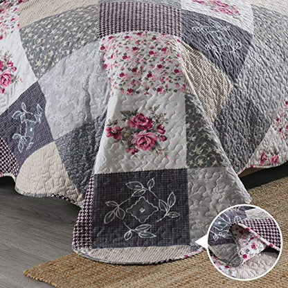  ENJOHOS Quilts Queen Size Queen Quilt Set Grey Quilt Bedspread Reversible Patchwork Floral Coverlet Set, Lightweight Country Quilts Bedding Set With 2 Pillow Shams（Grey Flower Plaid2）