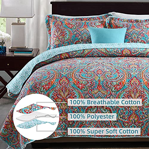  Cotton Quilt Set King Size,3 Pieces Reversible Bedspread Patchwork Bedding Set Teal Blue Floral Covetlet With 2 Pillow Cases For All Season King (94"×106")