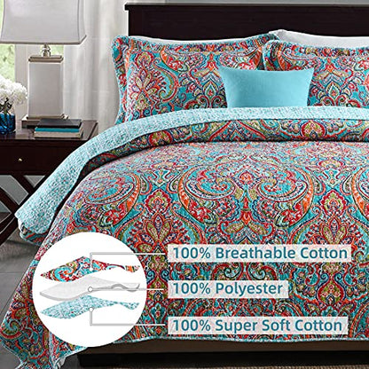  Cotton Quilt Set King Size,3 Pieces Reversible Bedspread Patchwork Bedding Set Teal Blue Floral Covetlet With 2 Pillow Cases For All Season King (94"×106")