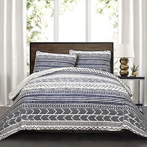 Hygge Geo Reversible 3 Piece Cotton Duvet Set, King, Gray & White