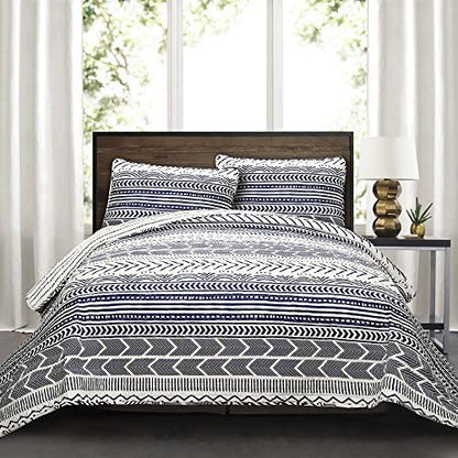  Hygge Geo Reversible 3 Piece Cotton Duvet Set, King, Gray & White