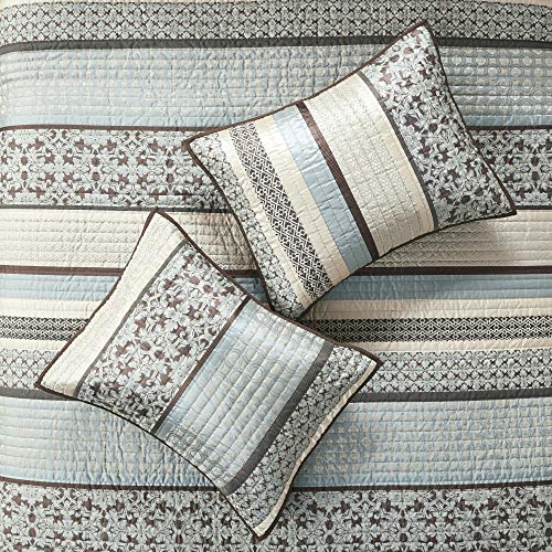  Quilt Set Luxurious Jacquard Stripes Design - All Season, Coverlet Bedspread Lightweight Bedding Layer, Shams, Decorative Pillow, Full/Queen(90"x90"), Floral Blue 5 Piece