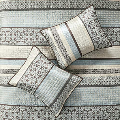  Quilt Set Luxurious Jacquard Stripes Design - All Season, Coverlet Bedspread Lightweight Bedding Layer, Shams, Decorative Pillow, Full/Queen(90"x90"), Floral Blue 5 Piece