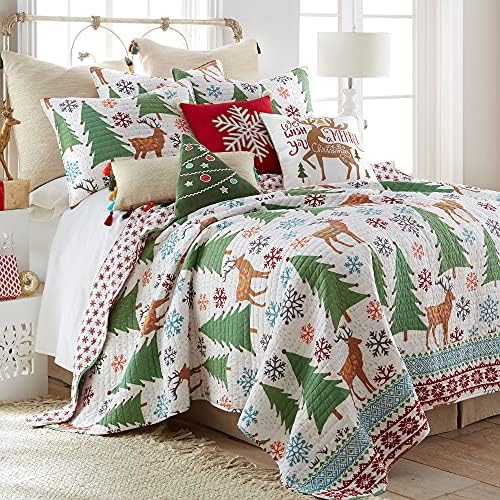  Levtex Home Merry & Bright Collection - Tinsel Toddler Set - Reindeer - Brown, Green, Red,Teal - Holiday - 3 Piece Set Includes Reversible Quilt, Fitted Sheet, Decorative Pilow