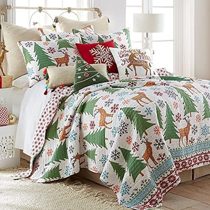  Levtex Home Merry & Bright Collection - Tinsel Toddler Set - Reindeer - Brown, Green, Red,Teal - Holiday - 3 Piece Set Includes Reversible Quilt, Fitted Sheet, Decorative Pilow