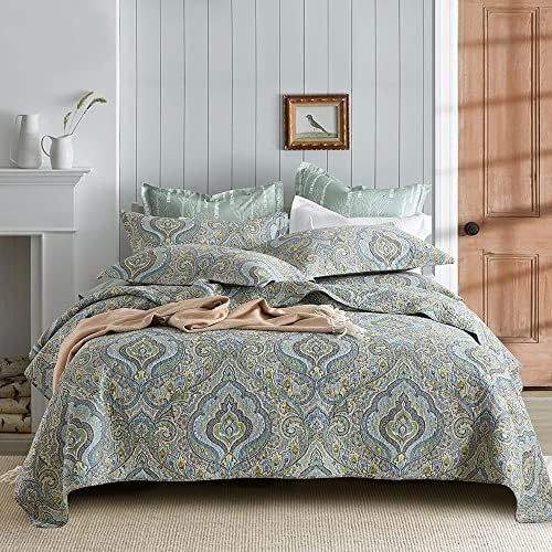  Autumn Dream Cotton Bedspread Quilt Sets, 3 Pieces Reversible Comforter Coverlet Sets,Blue Floral Paisley Bedspread,King Size