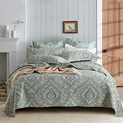  Autumn Dream Cotton Bedspread Quilt Sets, 3 Pieces Reversible Comforter Coverlet Sets,Blue Floral Paisley Bedspread,King Size