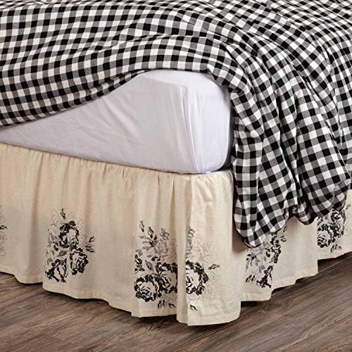  Lydia Black Floral Queen Bed Skirt, 16" Drop, Vintage Farmhouse Boho Style Flower Print Bedding, Cream & Black Dust Ruffle