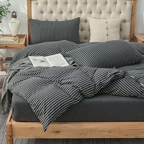  PURE ERA Jersey Knit Duvet Cover Set 100% T-Shirt Heather Cotton Super Soft Comfy Classic Striped Design, With Zipper Closure, Forest Green Stripe, Queen