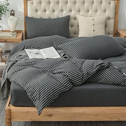  PURE ERA Jersey Knit Duvet Cover Set 100% T-Shirt Heather Cotton Super Soft Comfy Classic Striped Design, With Zipper Closure, Forest Green Stripe, Queen