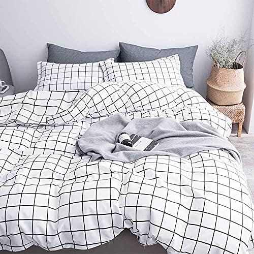  Queen Duvet Cover Set Grid, 90x90 Soft Bedding Cover, Luxury Cool Lightweight Microfiber 3pc Set (1 Cover 2 Pillowcase) With Zip, Tie - Modern Style Bed Quilt Cover For Decor, Plaid White