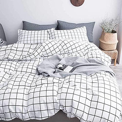  Queen Duvet Cover Set Grid, 90x90 Soft Bedding Cover, Luxury Cool Lightweight Microfiber 3pc Set (1 Cover 2 Pillowcase) With Zip, Tie - Modern Style Bed Quilt Cover For Decor, Plaid White