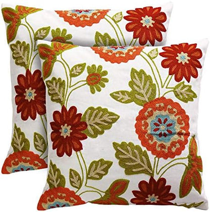  Oneslong Throw Pillow Case Covers - Set Of 2-100% Cotton, Decorative Floral Embroidered Design On Solid Natural White Background For Couch, Sofa, Bed - 18 X 18 Inches - Cushion Not Included