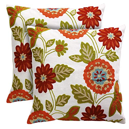  Oneslong Throw Pillow Case Covers - Set Of 2-100% Cotton, Decorative Floral Embroidered Design On Solid Natural White Background For Couch, Sofa, Bed - 18 X 18 Inches - Cushion Not Included