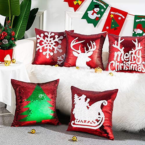  OTOSTAR Christmas Sequin Throw Pillow Covers 18x18 Inch Sparkle Decorative Pillowcases Magic Red Cushion Cover For Party Christmas Couch In-Outdoor Home Decor (Merry Christmas 5 Packs)