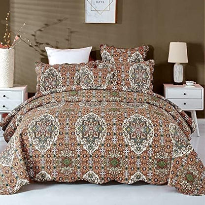  DaDa Bedding Earthy Cross Motif Folk Bedspread - Cozy Arabian Moroccan Ogee Rustic Antique Style Quilted Coverlet Set - Scalloped Edges Warm Tones Burnt Orange Brown Olive Green - Cal King - 3-Pieces