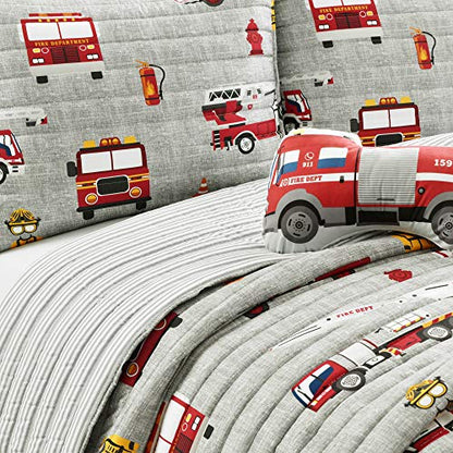  Make A Wish Fire Truck Red & Gray Reversible Print 3 Piece Quilt Set, Twin