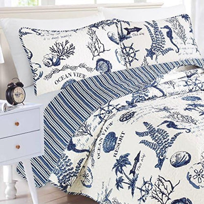  Great Bay Home 2-Piece Twin Reversible Lightweight Nautical Quilt Comforter With 1 Sham | All-Season, Beach Bedspreads | Blue Coastal Coverlet Sets | Casco Bay Quilts Collection