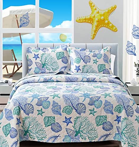  CHESITY 3-Piece Ocean Quilts Set Full/Queen Size Beach Bedspread Lightweight Coastal Bedding Reversible Bedding Cover Nautical Coverlet Set Seaweed Starfish Beach(90"x90")