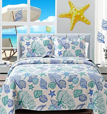  CHESITY 3-Piece Ocean Quilts Set Full/Queen Size Beach Bedspread Lightweight Coastal Bedding Reversible Bedding Cover Nautical Coverlet Set Seaweed Starfish Beach(90"x90")