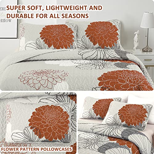  Floral Pattern Quilt Set Queen Burnt Orange Bedspread 3 Pieces Coverlet Soft Lightweight Bed Cover With 2 Pillow Shams For All Season 90"x96"