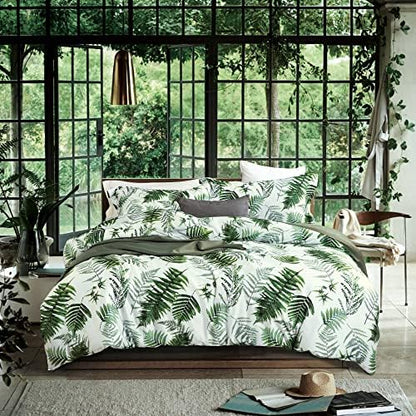  Duvet Cover King Size 100% Egyptian Cotton Gradient Teal Blue Leaves Plant Pattern Printed Comforter Cover Set Ultra Soft & Breathable Unique Design Farmhouse Bedding Set 3pcs (No Comforter)