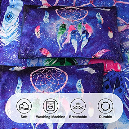  A Nice Night Galaxy Dreamcatcher Feathers,Like Dancing In The Air Printed, Boho Chic Bohemian Design, Dream Catcher Quilt Comforter Set (Blue, Queen(88-by-88-inches))