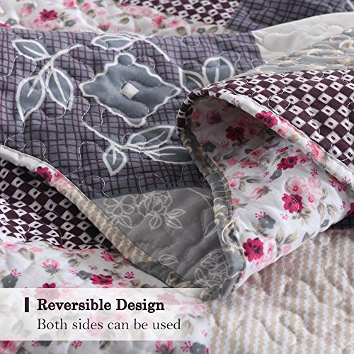  ENJOHOS Quilts Queen Size Queen Quilt Set Grey Quilt Bedspread Reversible Patchwork Floral Coverlet Set, Lightweight Country Quilts Bedding Set With 2 Pillow Shams（Grey Flower Plaid2）