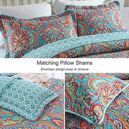  Cotton Quilt Set King Size,3 Pieces Reversible Bedspread Patchwork Bedding Set Teal Blue Floral Covetlet With 2 Pillow Cases For All Season King (94"×106")