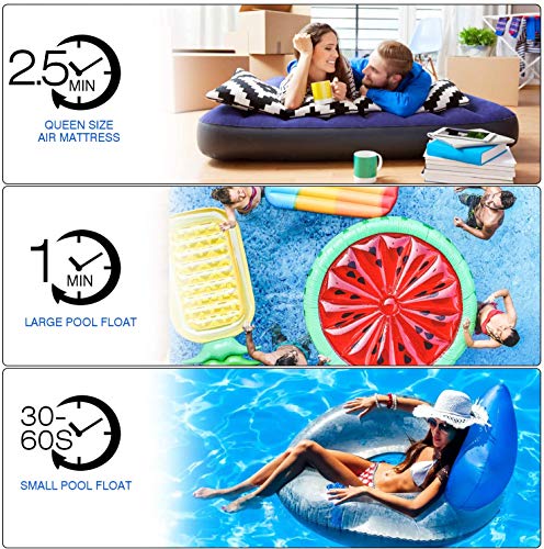  Electric Air Pump For Inflatables Rechargeable Portable Air Mattress Pump Inflator/Deflator Air Pump For Pool Floats, Raft, Bed, Boat, Pool Toy With 12-24V DC &120V AC Adaptor, 3 Nozzles