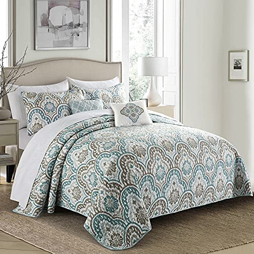  Voli Ikat Oversize 122" X 106" 5 Piece Teal Aqua Printed Prewashed Quilted Coverlet Bedspread Bed Cover Set For All Season, Lightweight Quilt Blanket With Matching Shams Pillows
