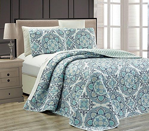  K Collection 3pc Queen Oversize Reversible Quilted Bedspread Set Floral Light Blue White Gray Navy Blue New