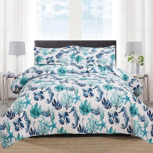  CHESITY 3-Piece Ocean Quilts Set Full/Queen Size Beach Bedspread Lightweight Coastal Bedding Reversible Bedding Cover Nautical Coverlet Set Seaweed Starfish Beach(90"x90")