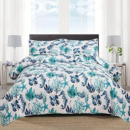  CHESITY 3-Piece Ocean Quilts Set Full/Queen Size Beach Bedspread Lightweight Coastal Bedding Reversible Bedding Cover Nautical Coverlet Set Seaweed Starfish Beach(90"x90")