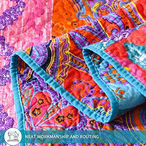 Quilt Throw Blanket - Lightweight Microfiber Pink And Blue Striped Floral Boho Quilts, Reversible Bohemian Quilt Bed Spread For Twin Bed And Couch, 59” X 79”