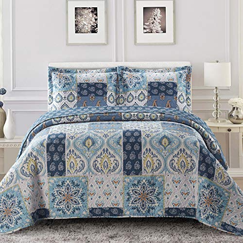  Royal Tradition Bellflower Blue Reversible Coverlets, Full/Queen Over-Sized 3pc Quilt Set (92-Inch Wide X 96-Inch Long) Lightweight Bedspread