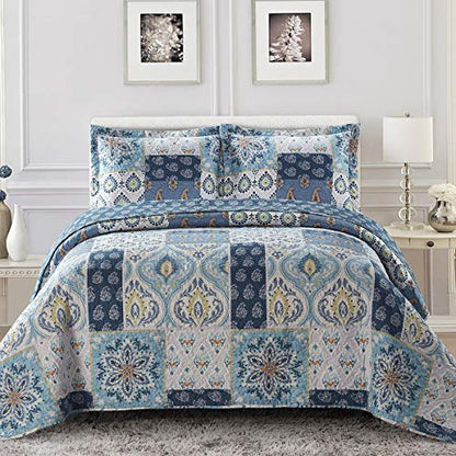  Royal Tradition Bellflower Blue Reversible Coverlets, Full/Queen Over-Sized 3pc Quilt Set (92-Inch Wide X 96-Inch Long) Lightweight Bedspread