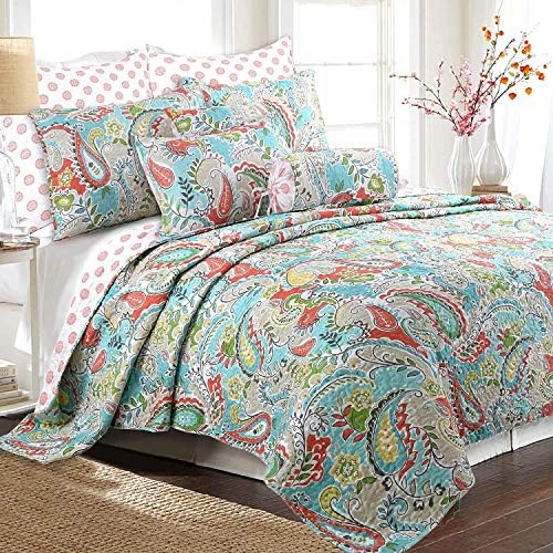 Cozy Line 4 Piece Daybed Cover Set - Pink Garden Bloom Floral Blue Rose Spring Reversible All Season Luxury Bedding With Bedskirt, Pillow Shams