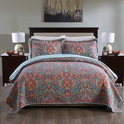  MaiuFun Cotton Bedspread Quilt Sets Queen/Full Size, Retro Blue/Purple Classical Striped Bohemian Floral Patchwork Patterns, 3-Piece Bedding Coverlet For All Season (1 Quilt + 2 Pillow Shams)
