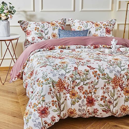  OAITE Duvet Cover Set,600 Thread Count Cotton Floral Bedding Comforter Cover Set Includes With 3Pcs (2 Pillow Shams,1 Duvet Cover)