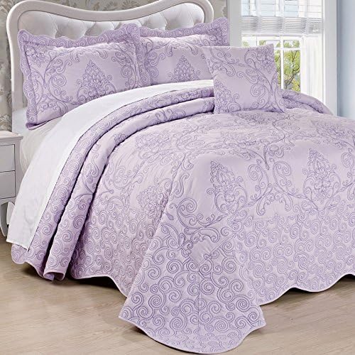 Home Soft Things Damask 4 Piece Bedspread Set,Scalloped Edge Reversible Quilt Coverlet Comforter Prewashed Bedding Set, Matelasse Embossed Floral Solid Pattern,Lavender Fog Oversize King(120" X 120")