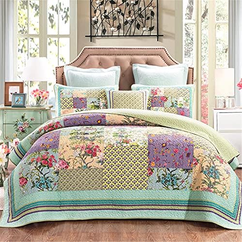  ABREEZE Lavender Green Comforter King Luxury Quilt Set Frosted Pastel Gardenia Bohemian Cotton Patchwork Quilted Coverlet Bedspread Set Green Purple Quilt King Patchwork Quilt
