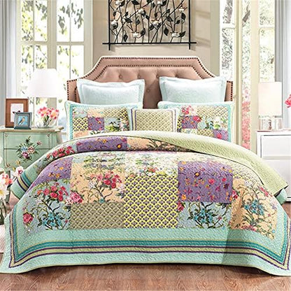  ABREEZE Lavender Green Comforter King Luxury Quilt Set Frosted Pastel Gardenia Bohemian Cotton Patchwork Quilted Coverlet Bedspread Set Green Purple Quilt King Patchwork Quilt