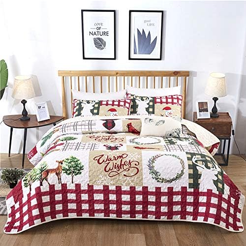  Christmas Quilt Set Twin Rustic Christmas Santa Tree Snowman Pattern Printed Bedding Solid Quilted Bedspread Coverlet With 1 Pillow Shams For All Seasons, Soft Microfiber Quilt 68x86 Inches